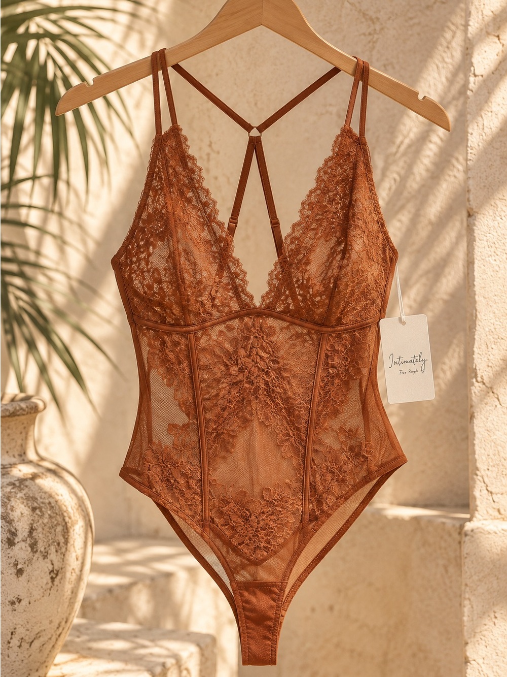 Free People Sheer Lace Bodysuit in Rust Brown